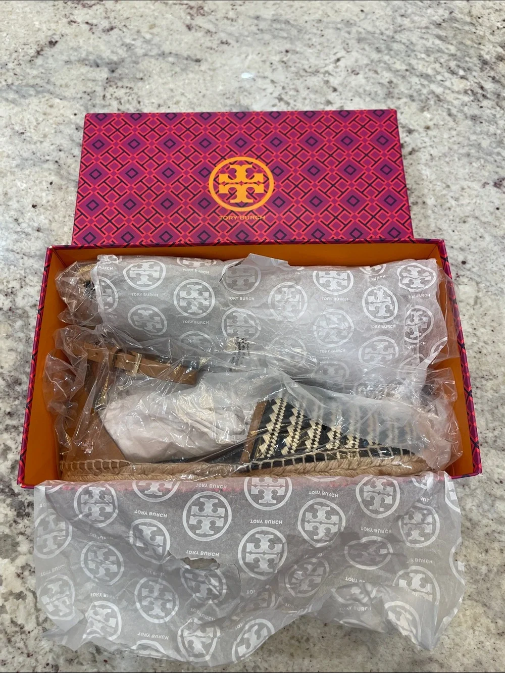 Tory Burch Mosaic Straw Flat Espadrille Sandals Size 11 – Black Natural Like New